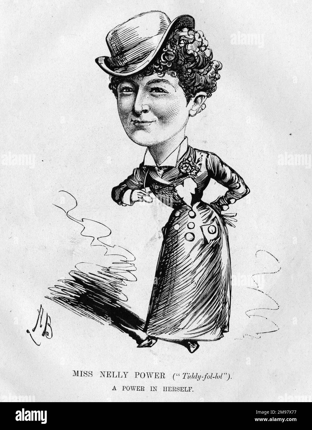 Caricature de Nelly Power (1854-1887), chanteuse, actrice et interprète anglaise dans une salle de musique, burlesque et pantomime. Tiddy-fol-lol. Une puissance en elle-même. Banque D'Images