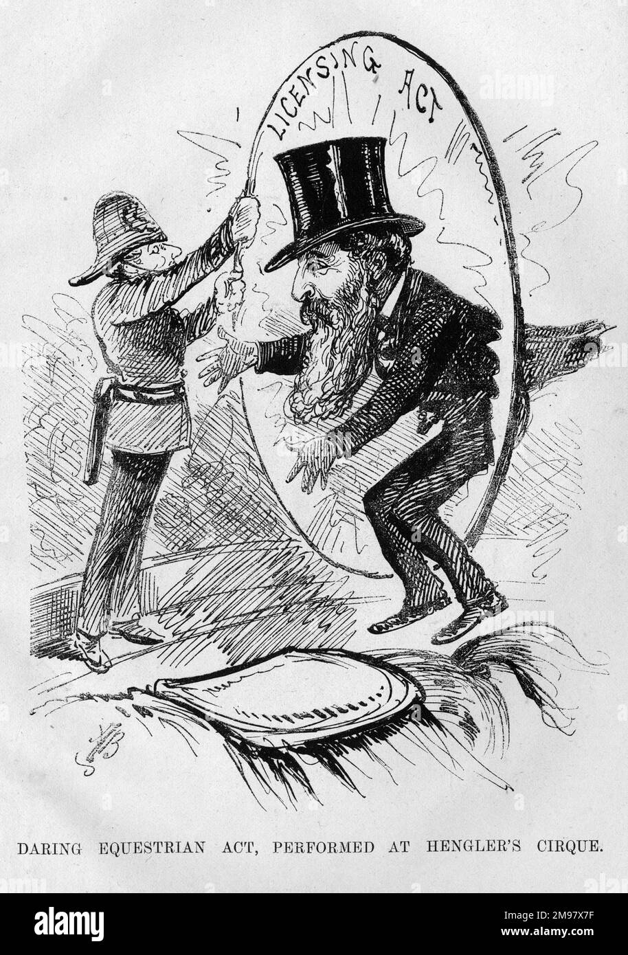 Caricature, oder Equestrian Act, interprétée au Cirque de Hengler -- une satire sur la Loi sur les licences. L'homme qui saute dans le cerceau est Frederick Charles Hengler (1820-1887), cavalier et propriétaire de cirque. Banque D'Images