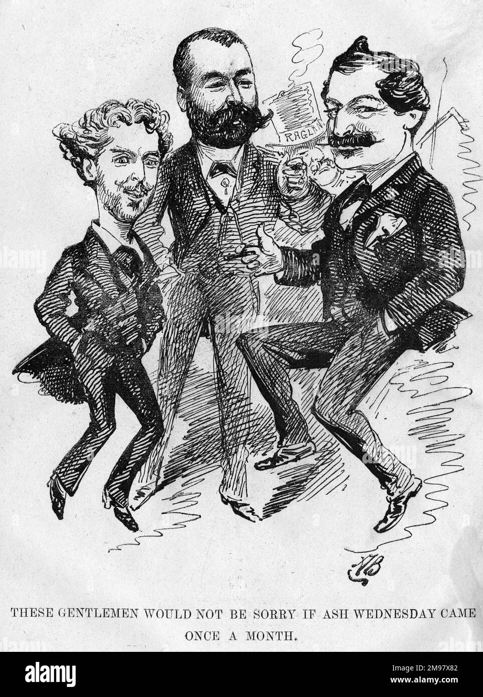 Caricature de trois acteurs se détendant le mercredi des cendres, un jour où les théâtres étaient fermés pour des raisons religieuses. Ces messieurs ne seraient pas désolés si mercredi des cendres venait une fois par mois. La restriction a été abolie trois ans plus tard. Banque D'Images