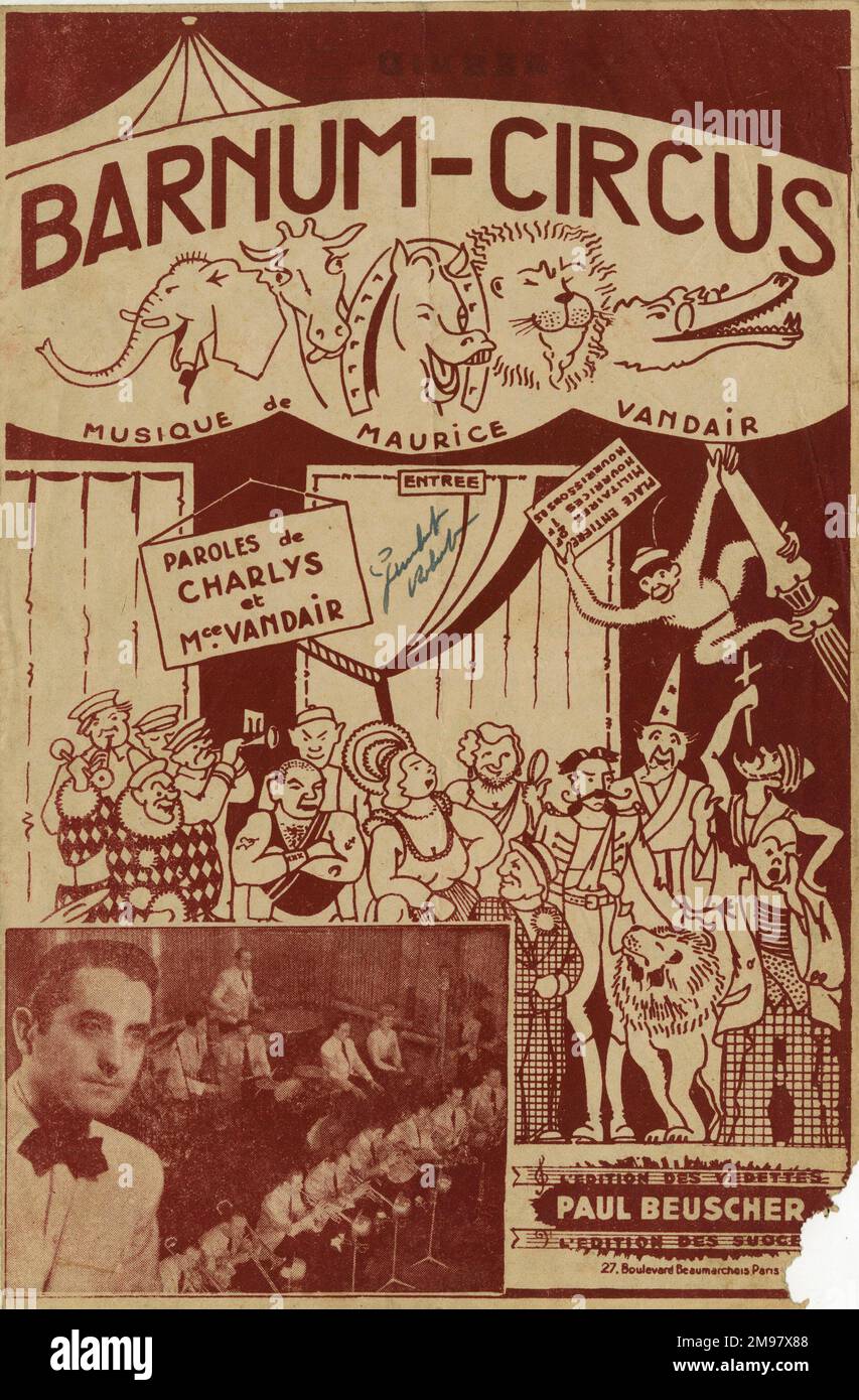 Couverture musicale, Barnum Circus, musique de Maurice Vandair, paroles de Charlys et Vandair. Banque D'Images