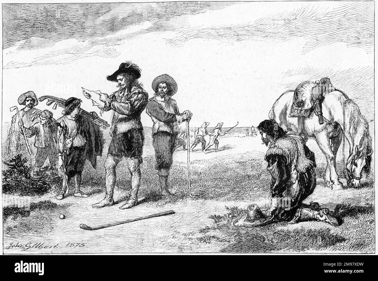 Le roi Charles Ier, jouant au golf à Leith, en Écosse, reçoit des nouvelles de la rébellion irlandaise qui a marqué le début des guerres des confédérés irlandais en octobre 1641. Apparemment, cela ne l'a pas empêché de terminer son tour. (L'histoire peut être une fabrication ultérieure.) Banque D'Images