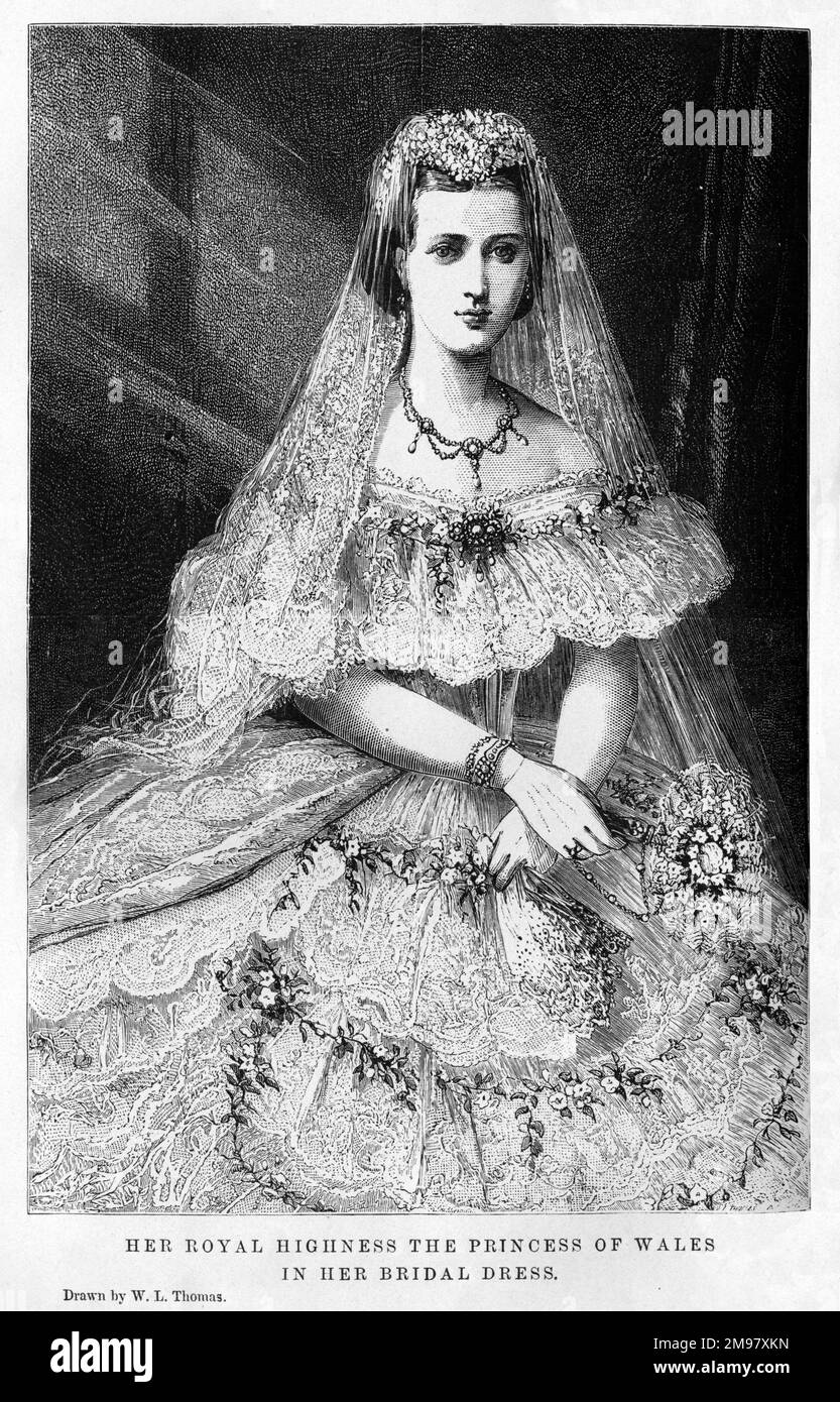 La reine Alexandra, anciennement la princesse Alexandra du Danemark (1844 - 1925), puis la princesse de Galles, consort du roi Edward VII, dans sa robe de mariée pour son mariage à Albert Edward, prince de Galles, le 10 mars 1863 à St. George's Chapel, Windsor. Banque D'Images
