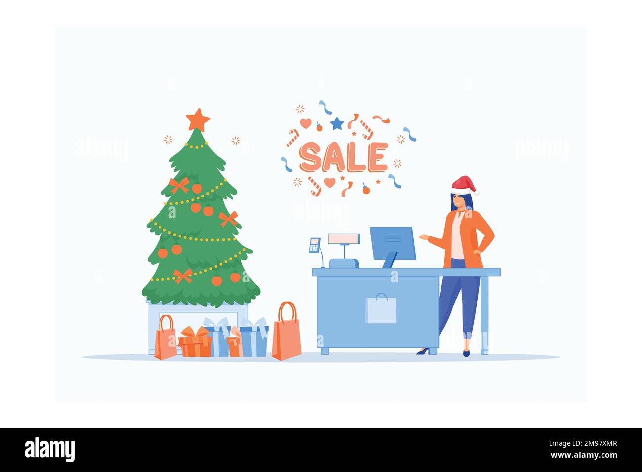 Joyeux Noël et nouvel an dans la boutique. Stocker avec les clients et les caissiers près de la caisse. Cadeaux et cadeaux, solde bannière du lendemain de Noël, vecteur plat m Illustration de Vecteur