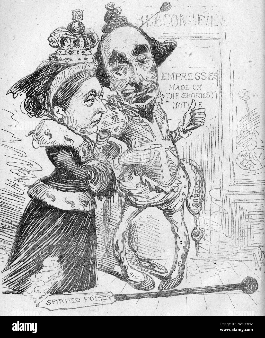 Caricature, Grand Pantomime oriental, jouée au Théâtre Impérial il y a trois ans. Montrant la reine Victoria marchant bras-en-bras avec Benjamin Disraeli (Seigneur Beaconsfield) qui est dans le costume d'un clown. Banque D'Images