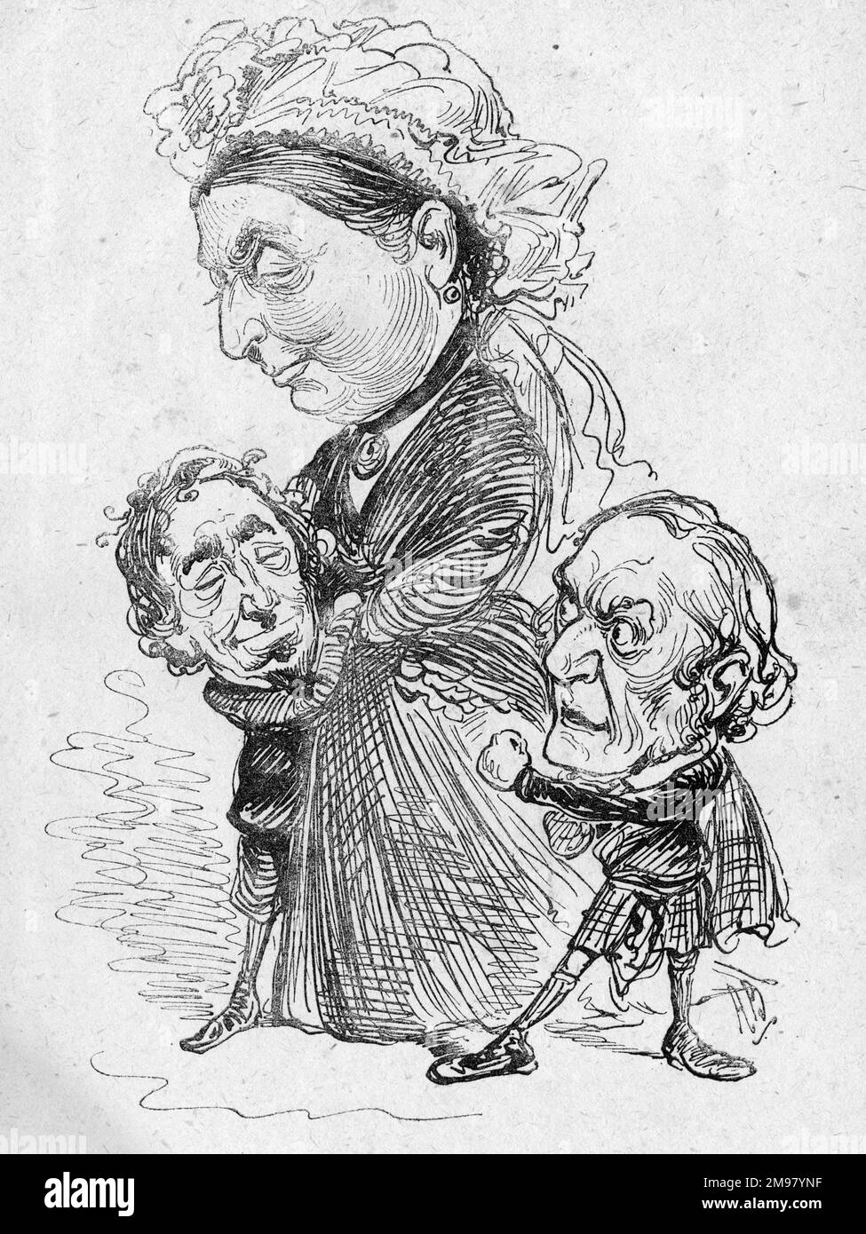 Caricature, faveur de la Cour -- la reine Victoria préfère le chef conservateur Disraeli et ne prend aucun avis du chef libéral Gladstone. Banque D'Images