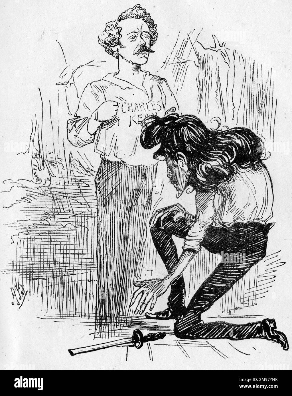 Caricature, les Frères Corse. Montrant Henry Irving (1838-1905) s'agenouillant devant le fantôme de Charles Kean (1811-1868), sur les traces qu'il suivait en jouant dans la pièce, qui était basée sur un roman d'Alexandre Dumas pere. Banque D'Images