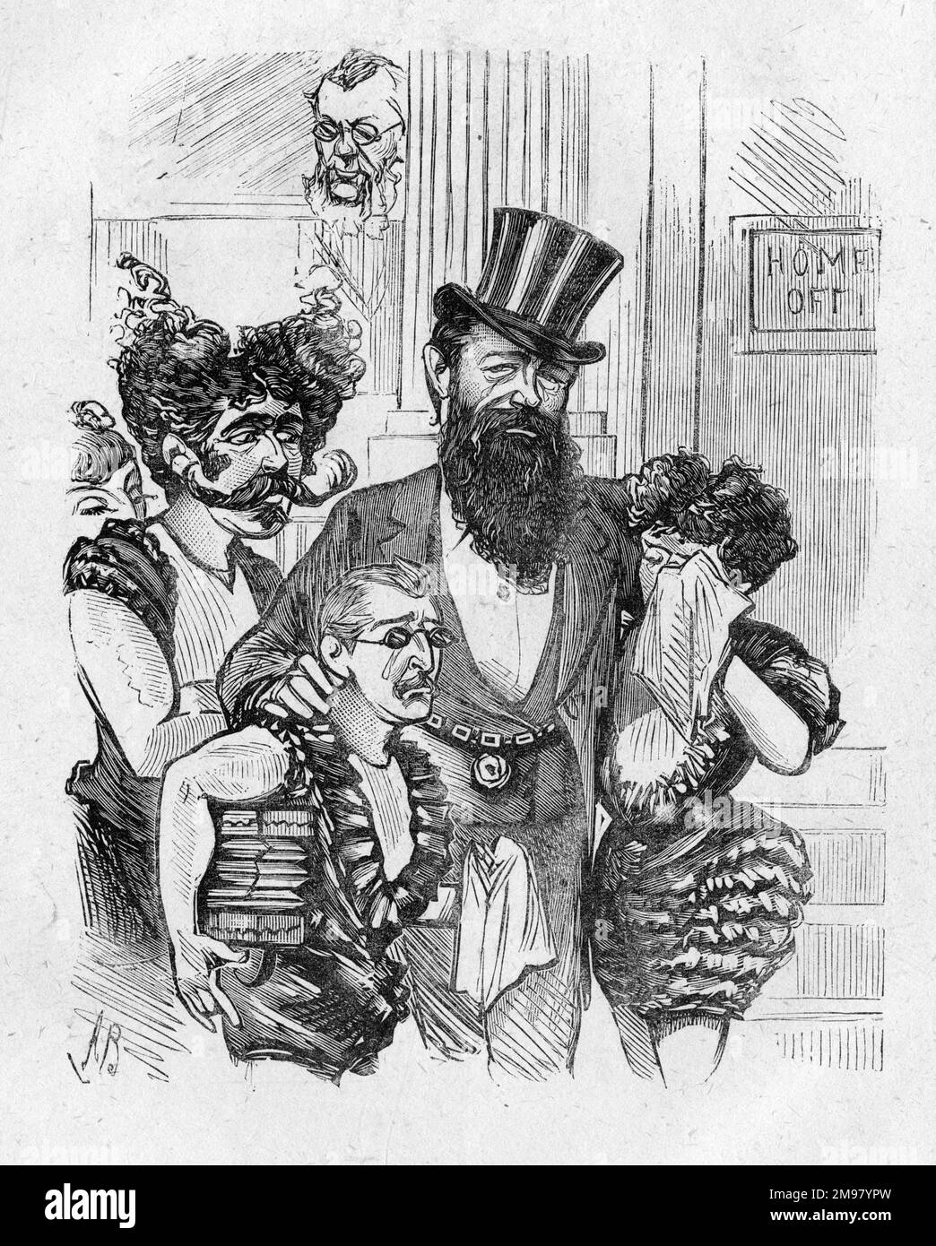 Caricature montrant que les acrobates sont invités à émigrer, peut-être avec leurs moyens de subsistance menacés en raison de la dangereuse Performance Bill. Le visage de la secrétaire à l'intérieur, R A Cross, est visible au loin (ci-dessus). Le projet de loi a été retiré plus tard le même mois lorsqu'une élection générale a été convoquée. Banque D'Images