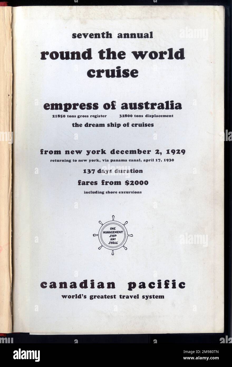 Page de titre, canadien Pacifique, le monde est rond! Septième tour annuel de la croisière mondiale, impératrice d'Australie, départ de New York le 2 décembre 1929, retour à New York le 17 avril 1930. Banque D'Images