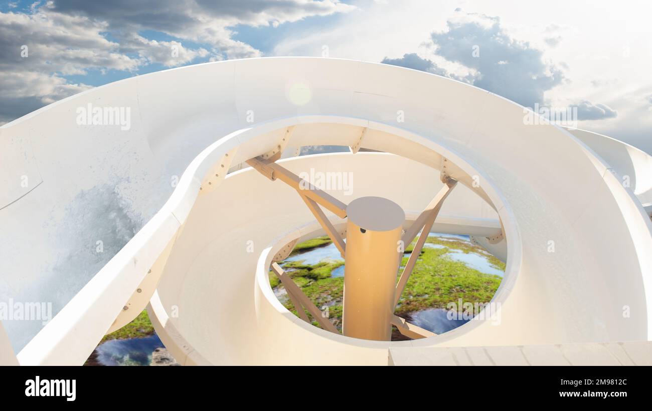 Vue rapprochée en hauteur d'un toboggan aquatique dans un parc aquatique Banque D'Images