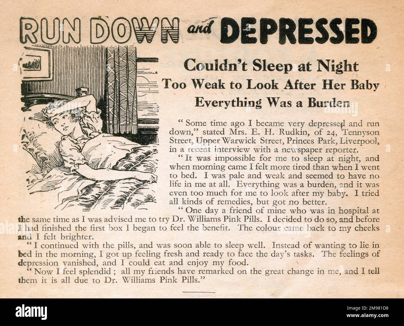 Publicité, Dr Williams pilules roses pour les gens pâles. S'enfoncer et s'enfoncer. Je n'ai pas pu dormir la nuit. Trop faible pour prendre soin de son bébé. Tout était un fardeau. Les pilules de médicaments brevetés contenaient de l'oxyde de fer et du sulfate de magnésium. Banque D'Images