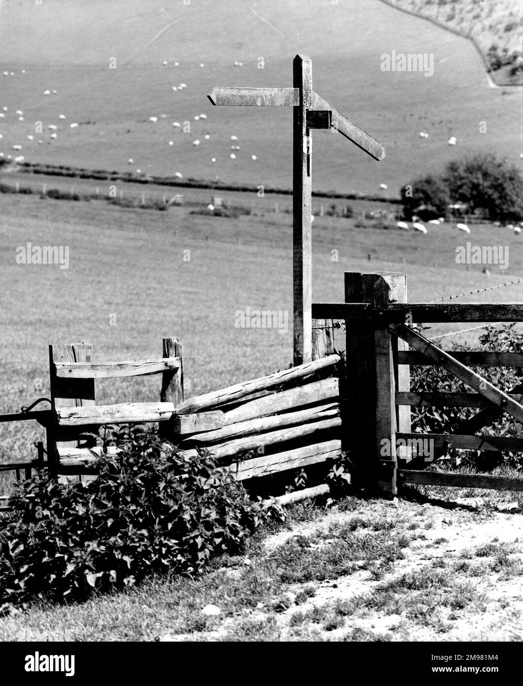 Ancienne clôture et panneau à Bix près de Henley-on-Thames, Oxfordshire. Banque D'Images