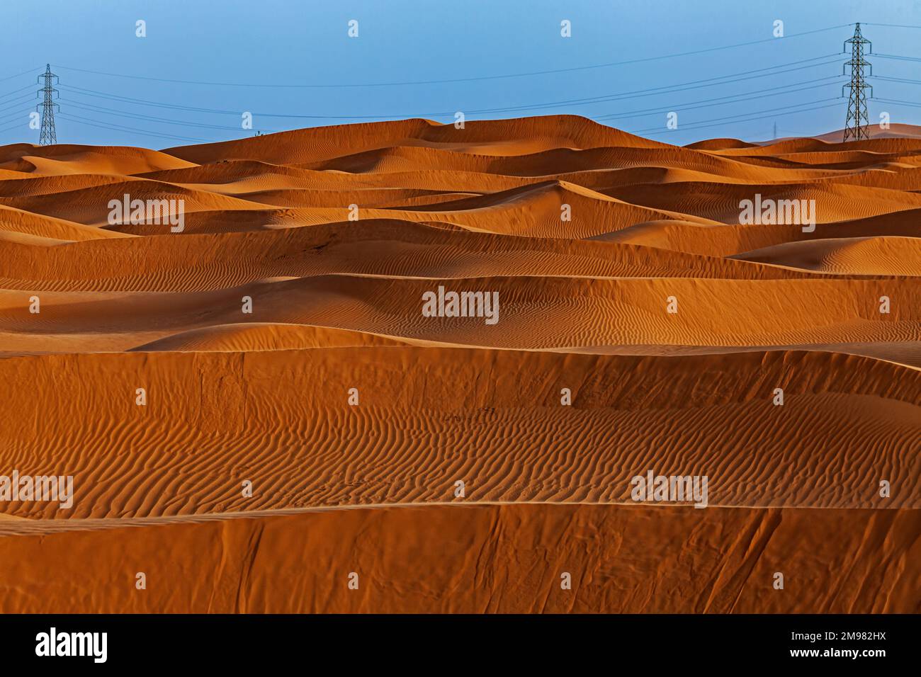 Pylônes d'électricité et dunes de sable dans le paysage désertique, Arabie Saoudite Banque D'Images