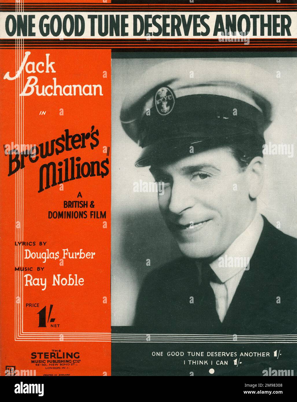 Couverture musicale, une bonne mélodie mérite une autre, paroles de Douglas Furber, musique de Ray Noble, chantée par Jack Buchanan dans le film des millions de Brewster. Banque D'Images