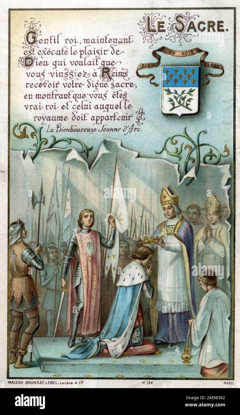 Carte de visite Chromolithograph - Jeanne d'Arc - « le Sacré » - Charles a couronné le roi Charles VII de France à la cathédrale de Reims le 17th juillet 1429. Banque D'Images