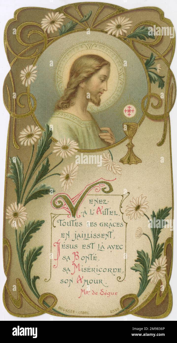 Carte de dévotion Chromolithograph - Portrait de Jésus et communion calice/tasse - belle frontière Art Nouveau. Carte souvenir pour la première communion de Robert Thoores à l'église Saint-Éloi (Eligius, aussi Eloy ou Loye), Dunkerque, France, le 17th mai 1906. Banque D'Images