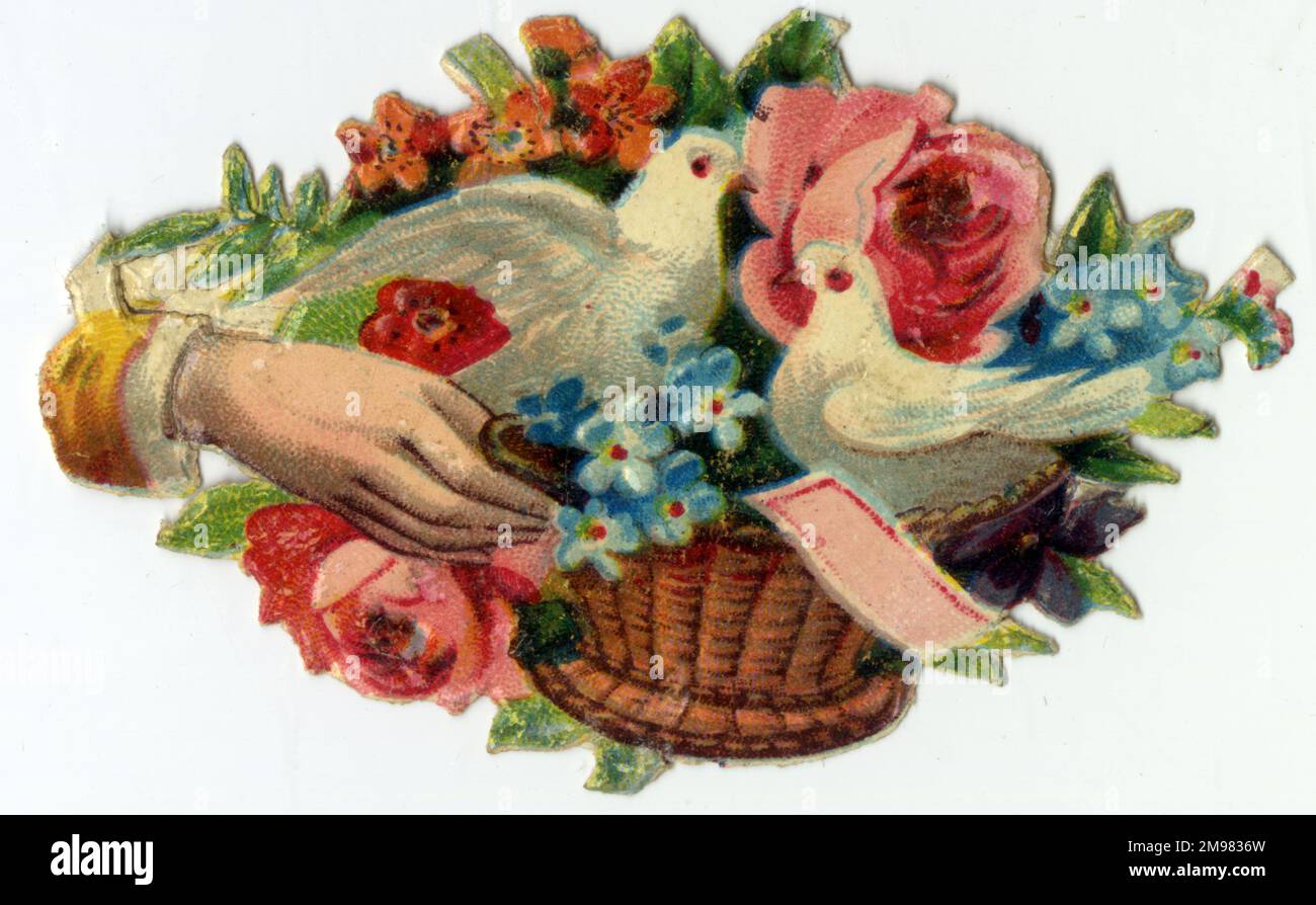 Scrap Chromolithographe victorien - colombes et fleurs. Banque D'Images