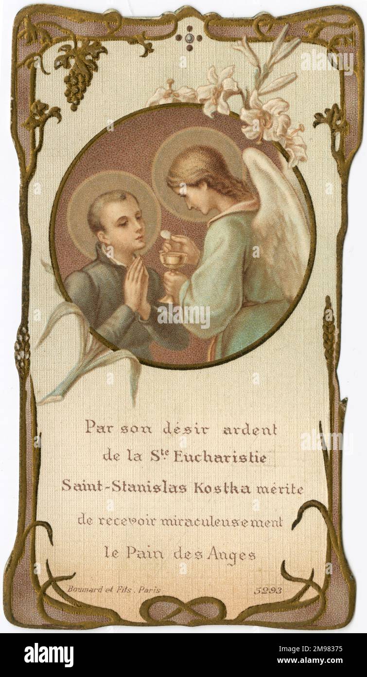 Carte de dévotion Chromolithograph - Stanislaus Kostka - (1550–1568) un novice polonais de la Société de Jésus - recevant une Eucharistie miraculeuse d'un Ange. Dans l'Église catholique, il est vénéré comme Saint Stanislaus Kostka. Première carte de communion pour André Lefever à l'Église Saint-Éloi (Eligius, aussi Eloy ou Loye), Dunkerque, France, le 13th mai 1909. Banque D'Images