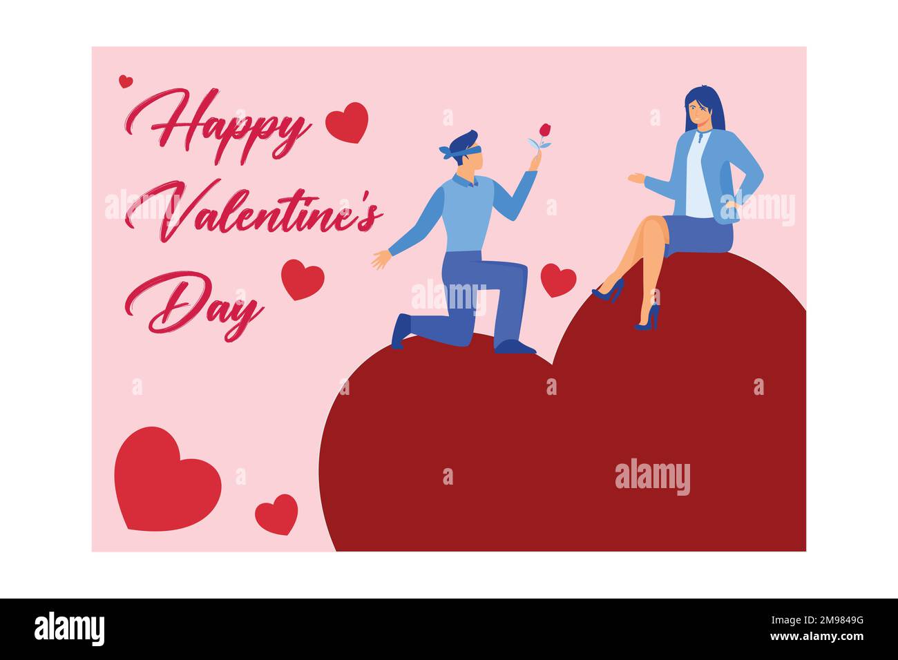 motif vectoriel de la carte de saint-valentin avec jeune couple tombant amoureux, illustration moderne vectorielle plate Illustration de Vecteur