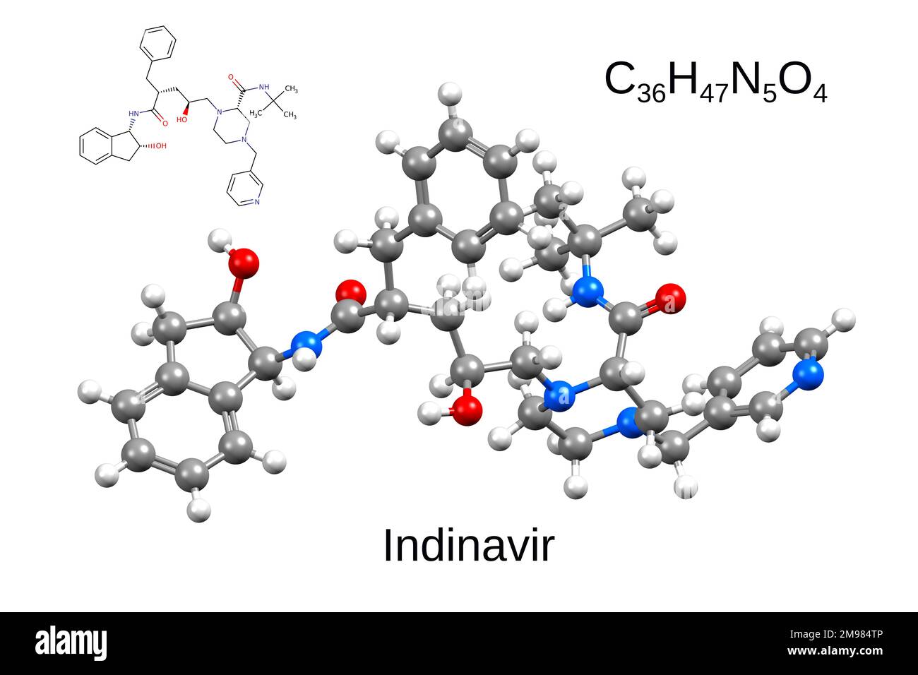 Formule chimique, formule squelettique et modèle 3D bille-et-bâton d'inhibiteur de protéase, médicament antirétroviral indinavir, fond blanc Banque D'Images