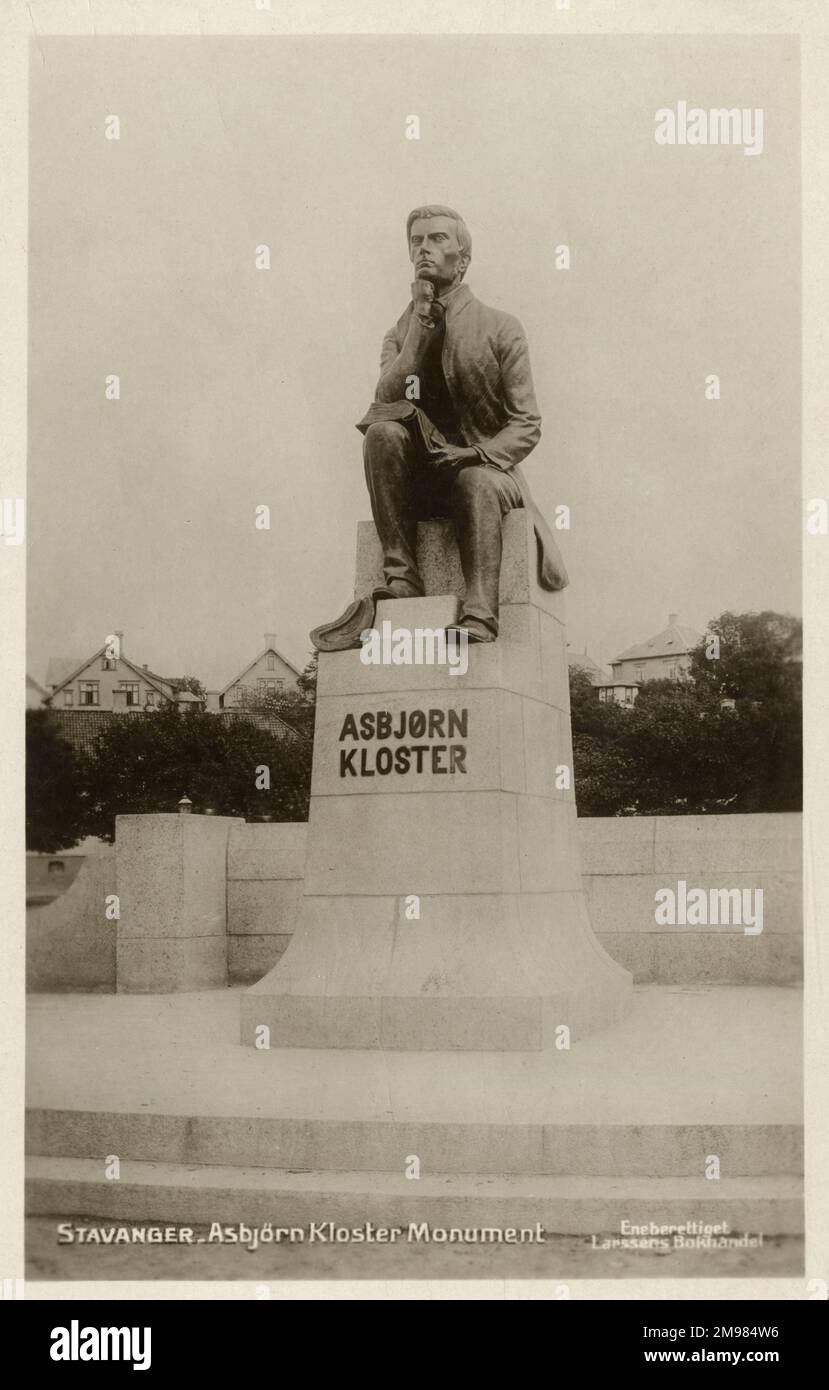 Asbjørn Kloster (21 décembre 1823 – 18 janvier 1876) était un réformateur social et un chef du mouvement de tempérance norvégien au 19th siècle. Liens vers le mouvement Quaker, Société religieuse des amis. A fondé la première société d'abstinence totale en Norvège. La statue d'Asbjørn Kloster fut élevée à Stavanger en 1912. Banque D'Images