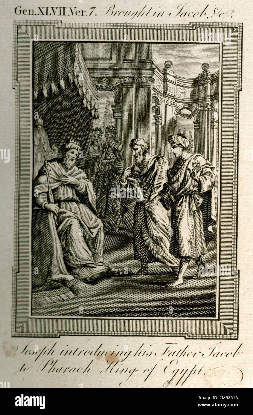 Joseph présente son père Jacob au Pharaon, roi d'Égypte - Bible de Thomas Bankes, Genèse 47,7. Banque D'Images