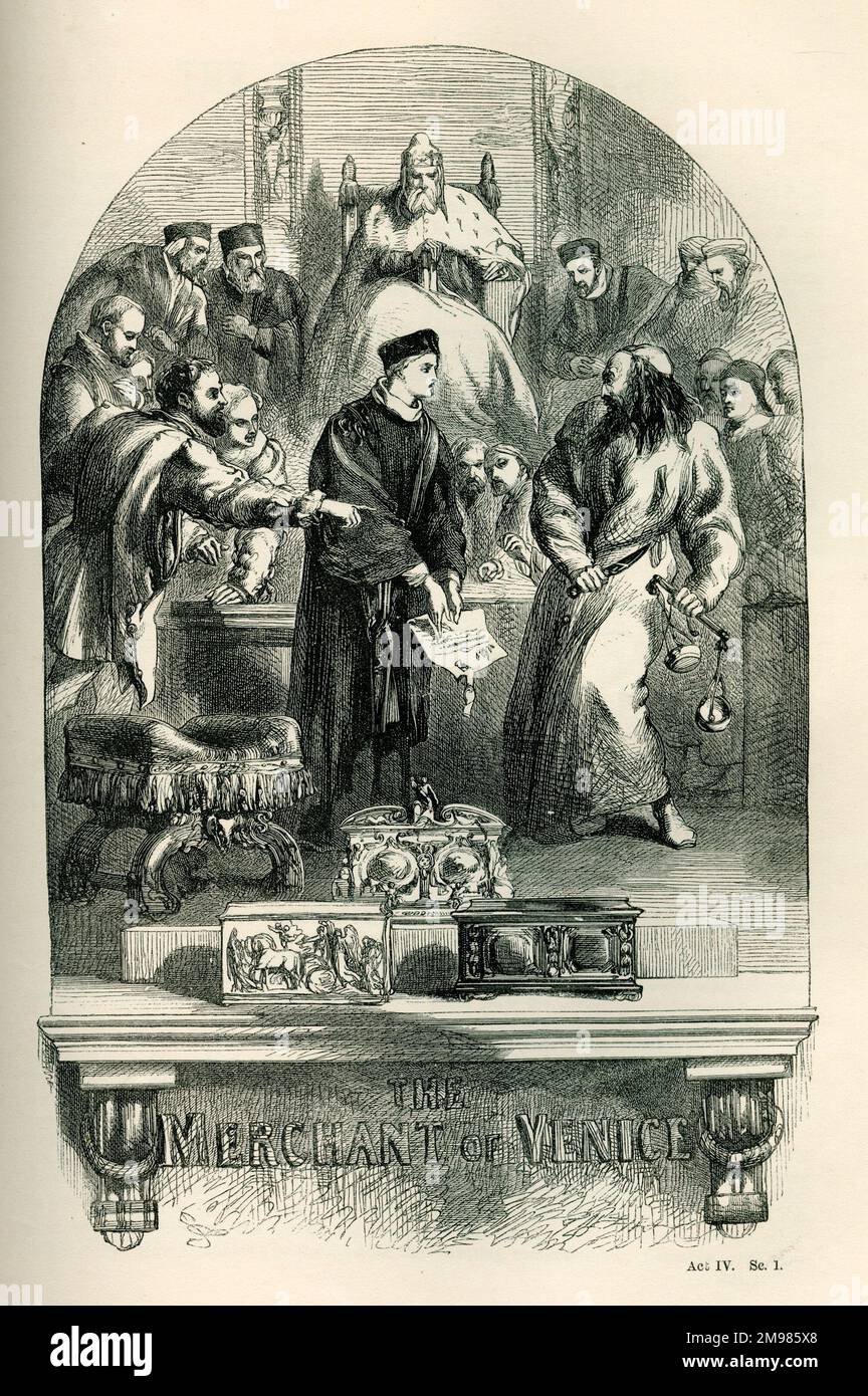 Le marchand de Venise - page de titre - Shylock et la Portia déguisée en cour. Banque D'Images