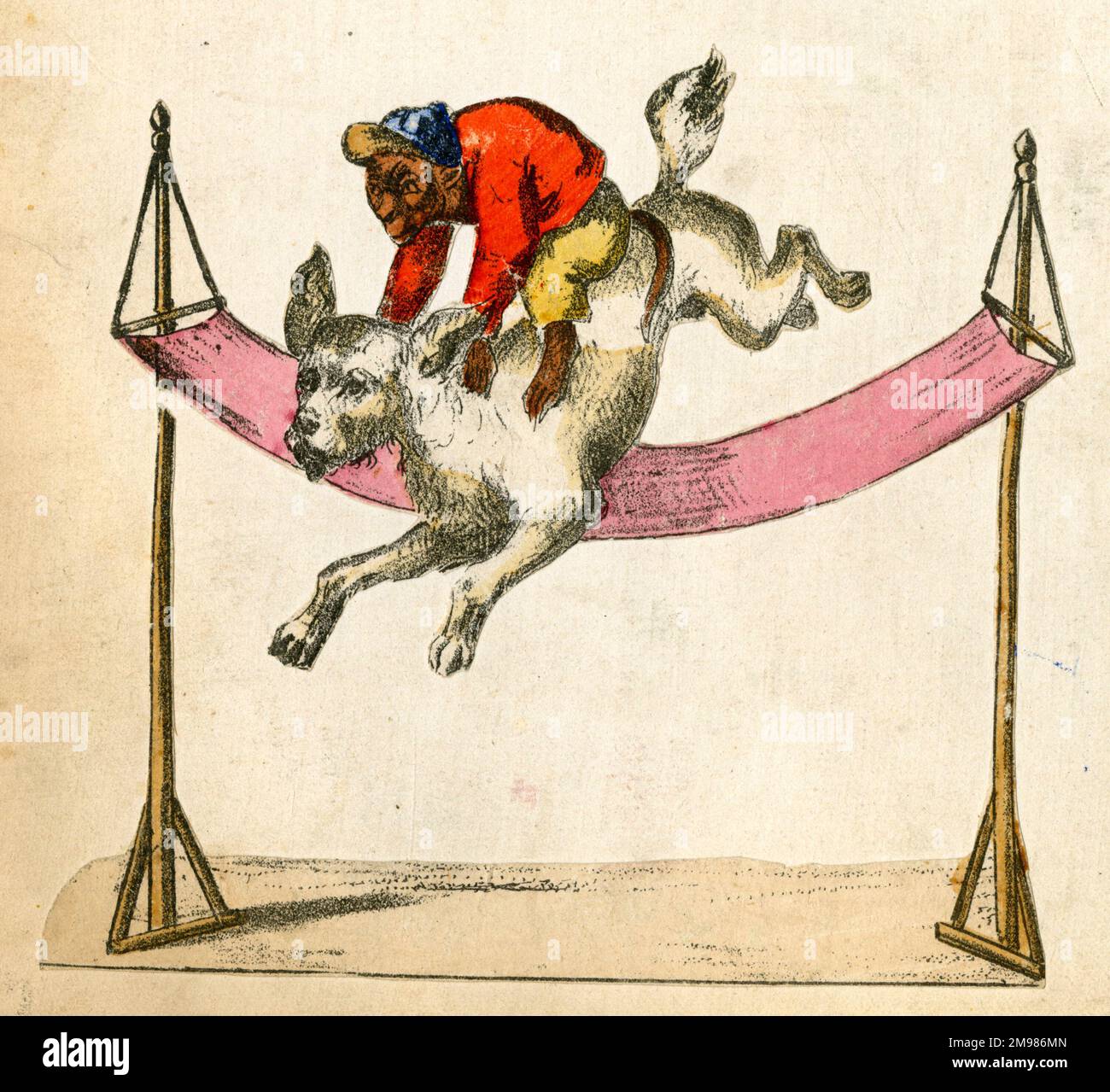 Le cirque allemand de ferraille -- singe jockey à cheval sur un chien. Banque D'Images