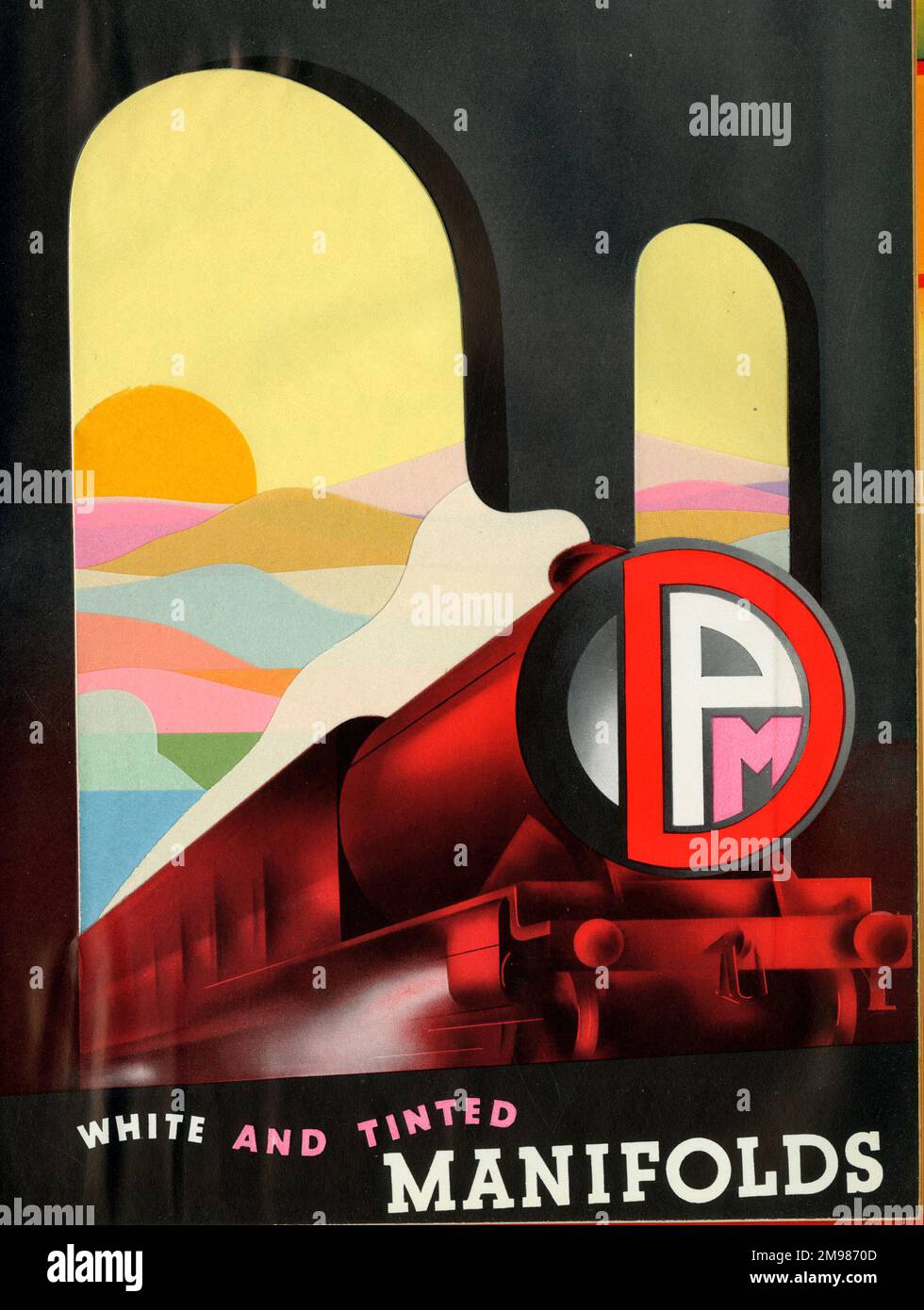 Affiche, train dans le style art déco, publicité DPM White et Tinted Maniolds. Banque D'Images