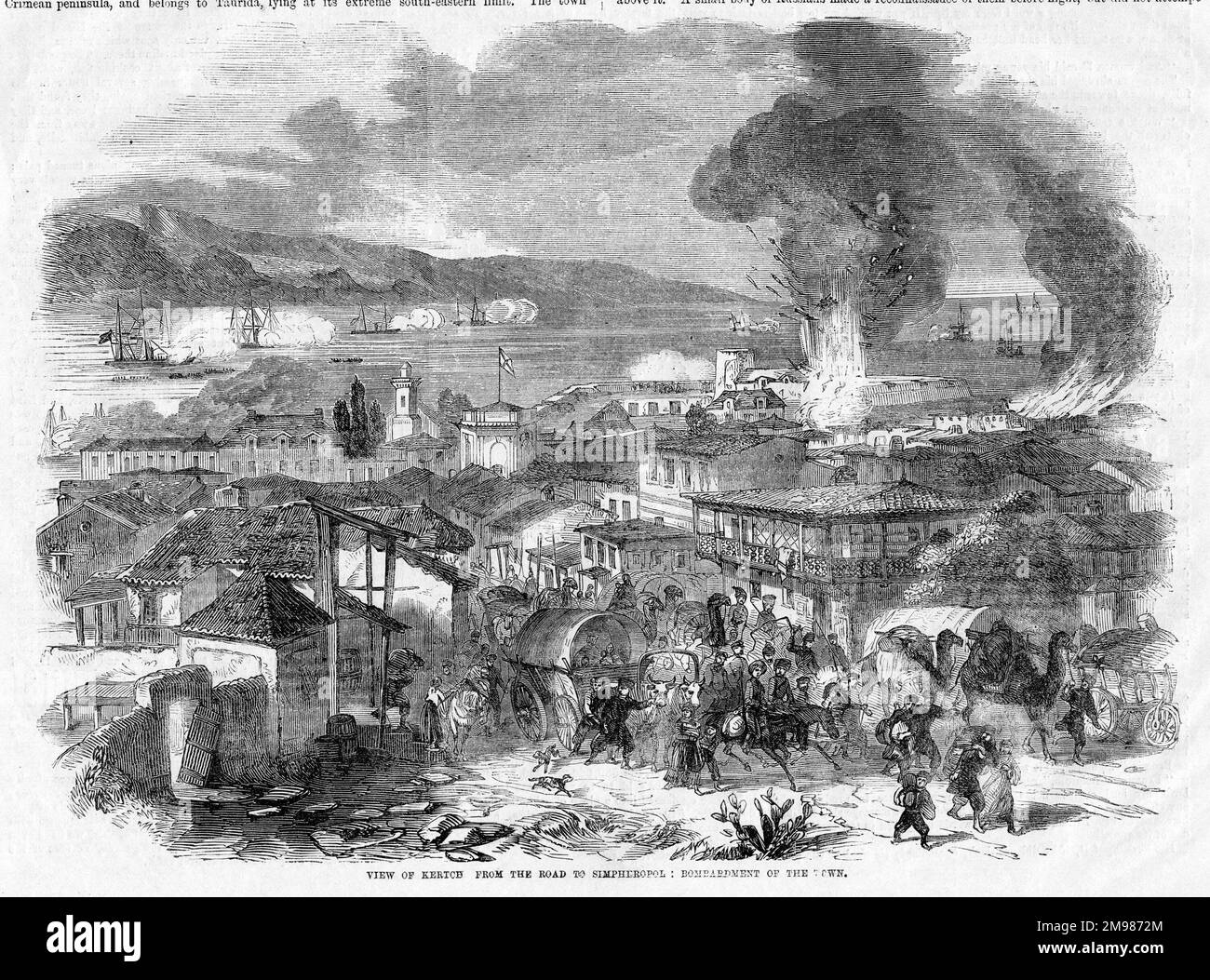 Guerre de Crimée -- vue de Kerch de la route à Simferopol, bombardement de la ville. Banque D'Images