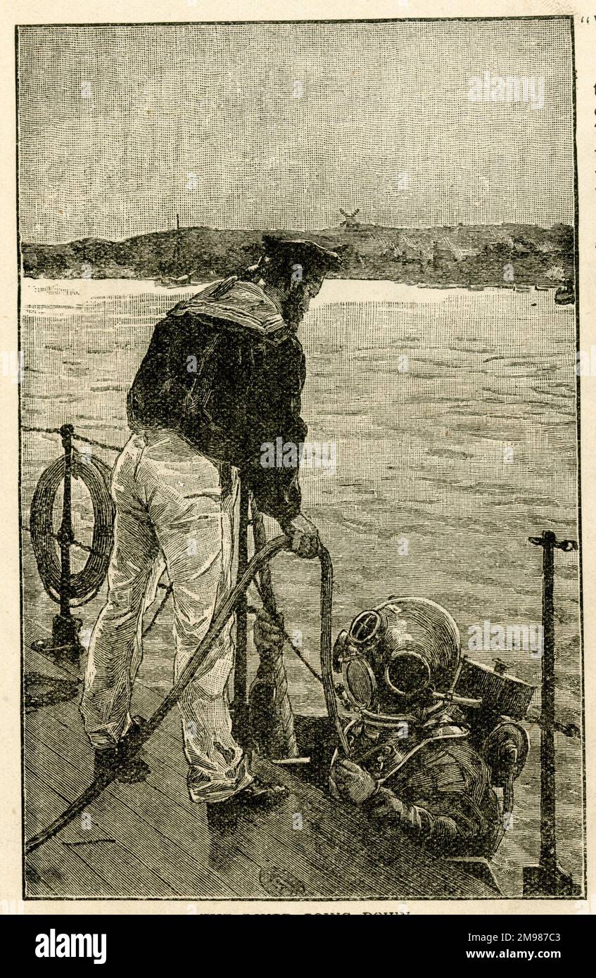 Plongée sous-marine dans l'eau, assistée par un marin. Banque D'Images