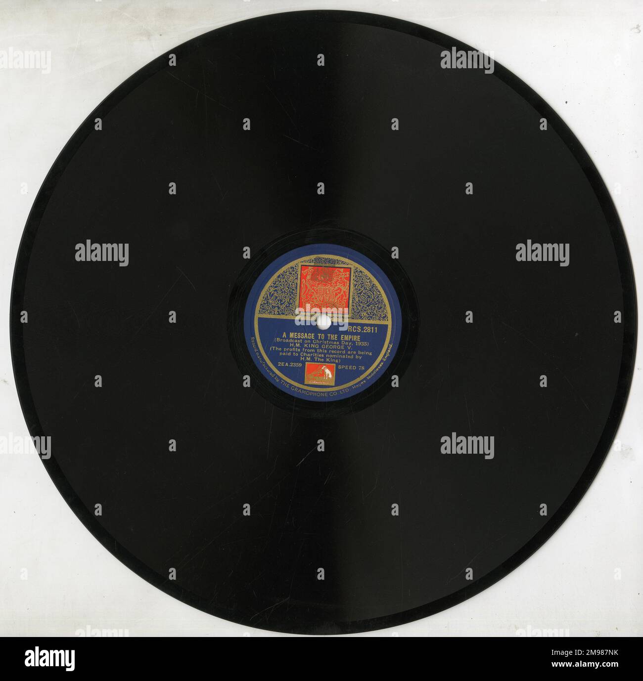 Roi George V, message à l'Empire record (verso), HMV, sa voix de maître, 78 tr/min. Diffusé le jour de Noël, 1935. Banque D'Images
