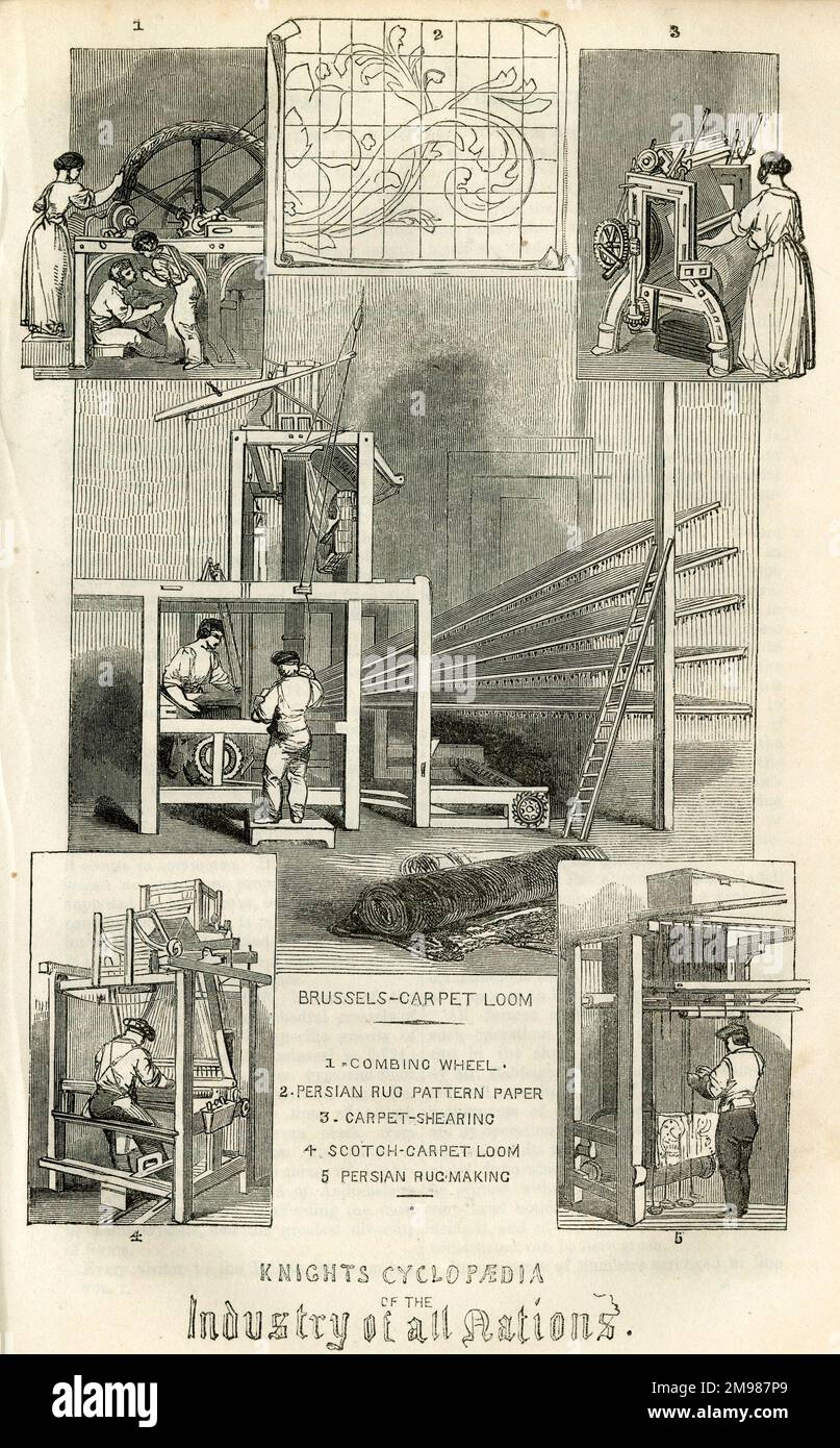 Knight's Cyclopedia of the Industry of All Nations, détaillant le contenu de la grande exposition de Londres. Montrant un métier à tisser de tapis de Bruxelles, avec roue à peigner, papier de modèle de tapis persan, le cisaillement de tapis, le métier à tisser de tapis Scotch, et la fabrication de tapis persan. Banque D'Images