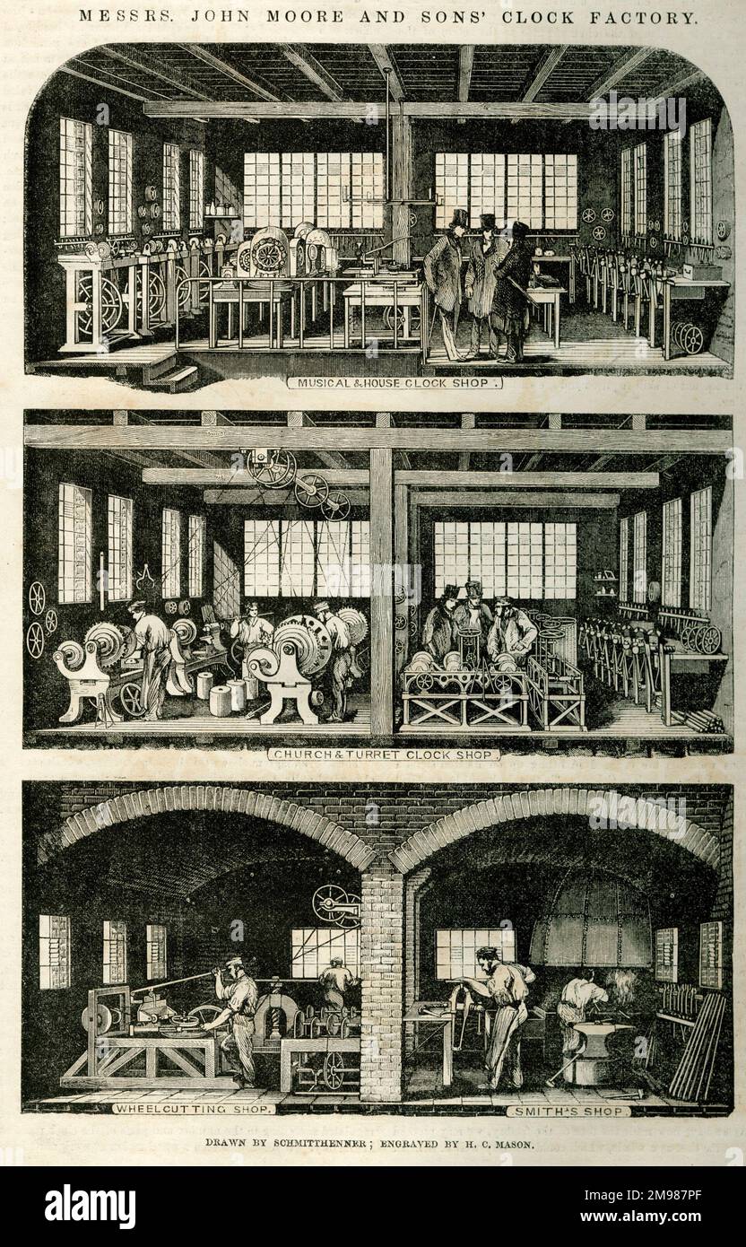 John Moore & sons' Clock Factory sur trois étages : magasin de musique et d'horloge, magasin d'horloge Church & Turret et (au rez-de-chaussée) magasin WheelCutting et magasin Smith's. Banque D'Images