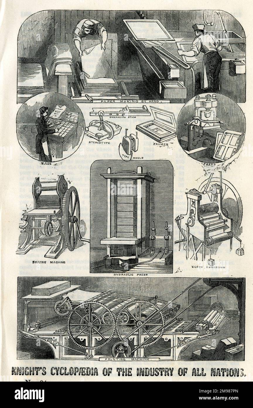 Knight's Cyclopedia of the Industry of All Nations, détaillant le contenu de la grande exposition de Londres. Présenter divers processus dans l'industrie de la fabrication du papier et de l'impression. Banque D'Images