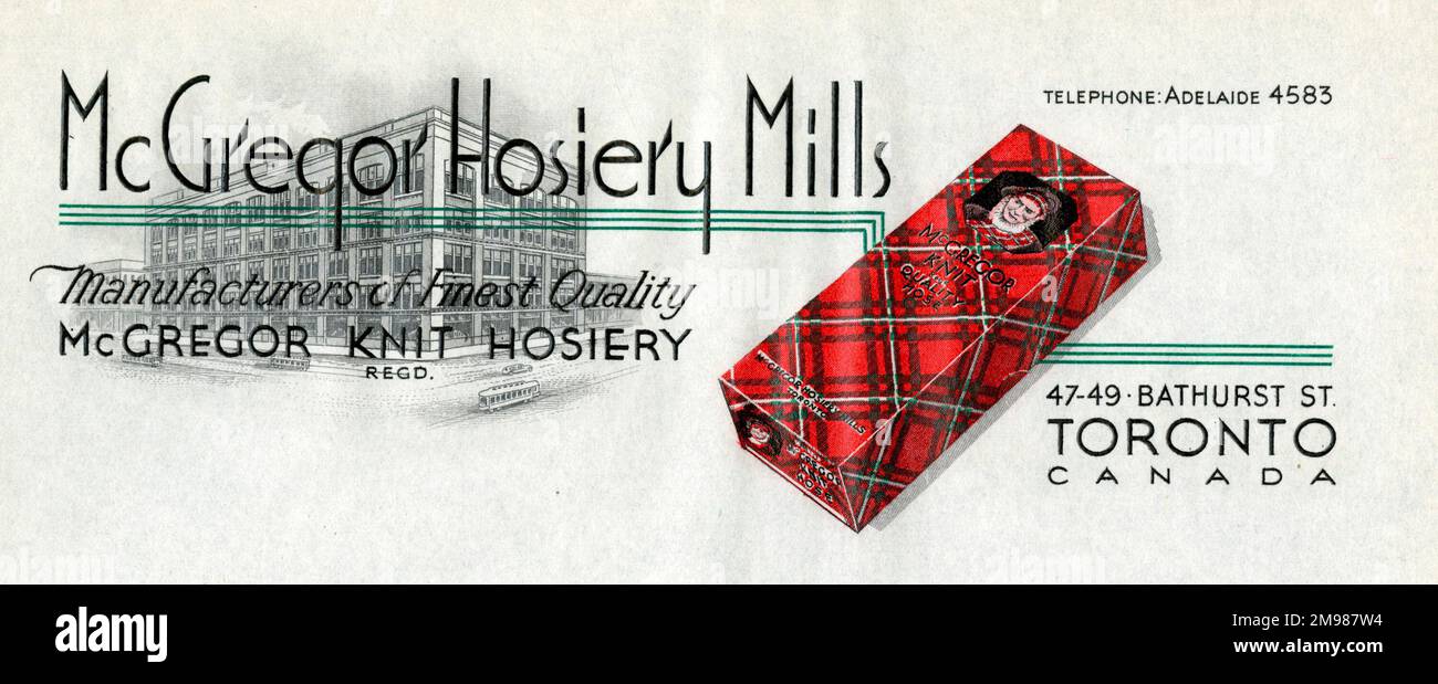 Papier à en-tête - McGregor Hosiery Mills, fabricants de bonneterie de qualité supérieure, Toronto, Canada. Banque D'Images