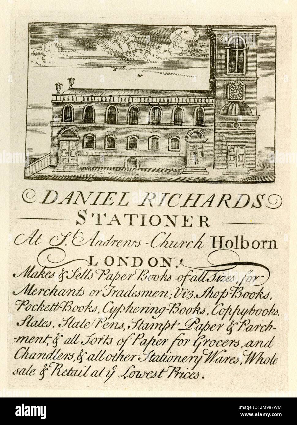 Carte de commerce de Londres - Daniel Richards, Stationer, à l'église St Andrew, Holborn. Vente en gros et au détail. Banque D'Images