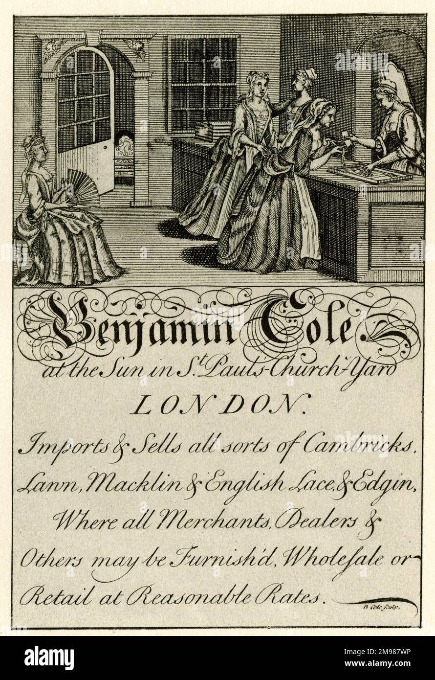 London Trade Card - Benjamin Cole, au Sun à St Paul's Churcheryard, important et vendant des cameriques, pelouse, macklin, dentelles et bordures anglaises, vente en gros et au détail. Banque D'Images