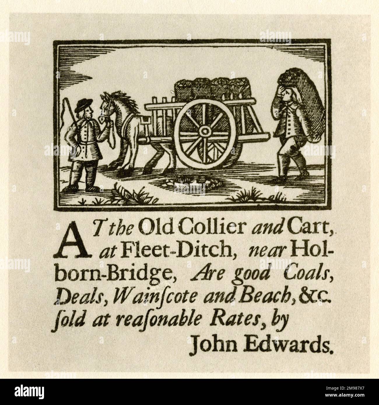 Carte de commerce de Londres - John Edwards, marchand de charbon, au Old collier and Cart, Fleet Ditch, près du pont Holborn. Banque D'Images