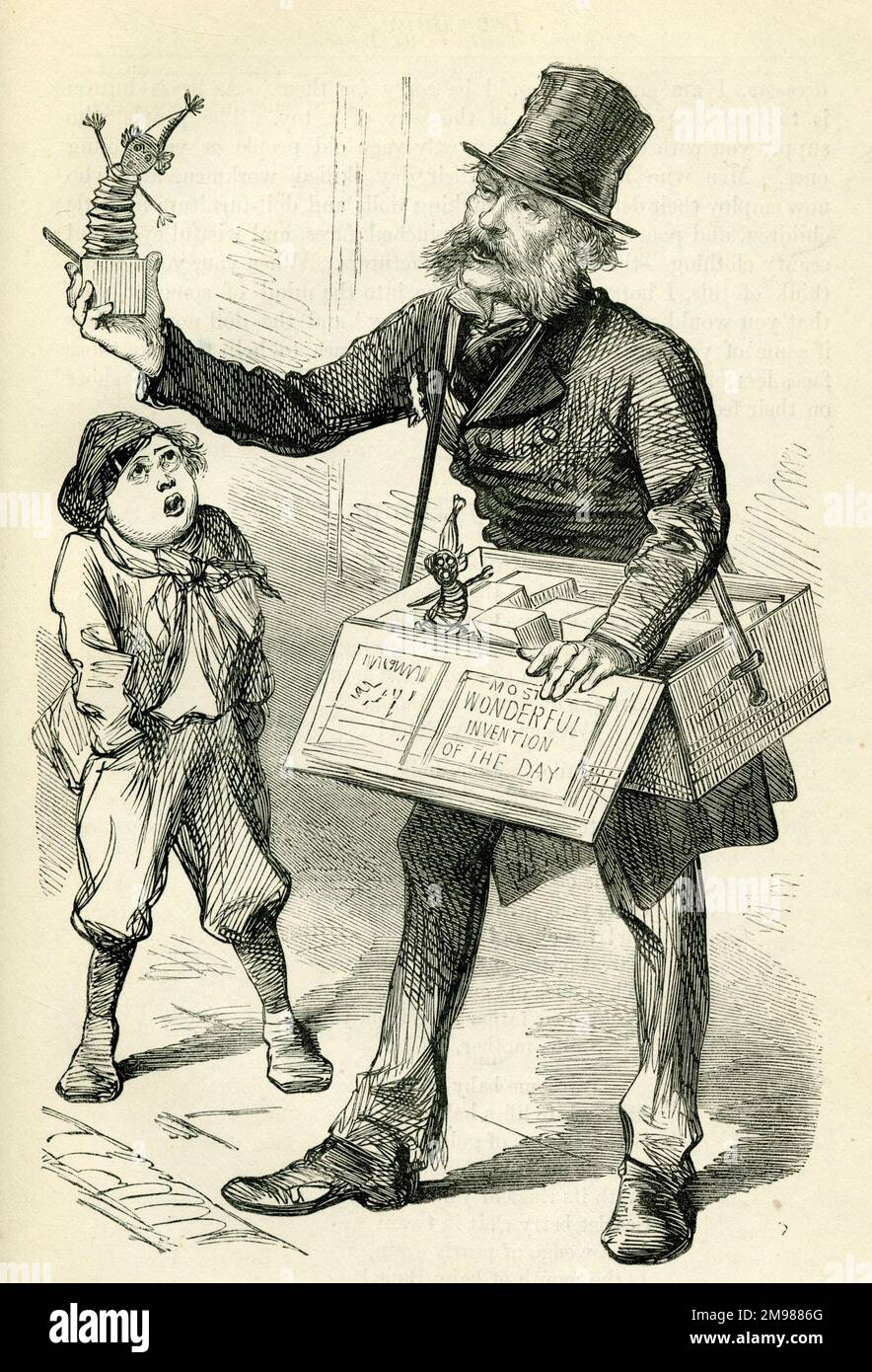 Occupations 1883 - London Toyman faisant une démonstration d'un Jack-in-the-Box. Banque D'Images