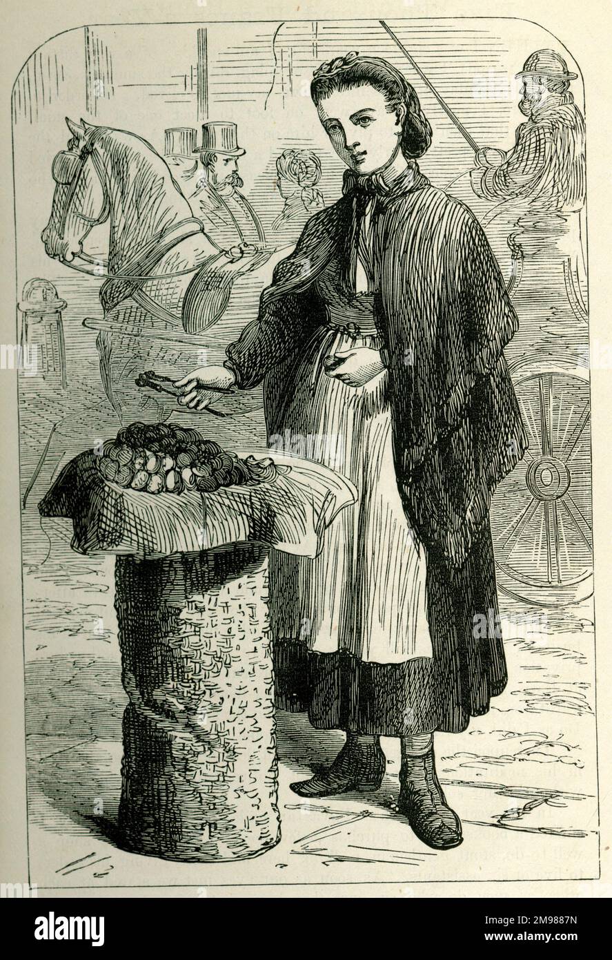Professions 1882 - jeune femme vendant dix noix de cent. Banque D'Images