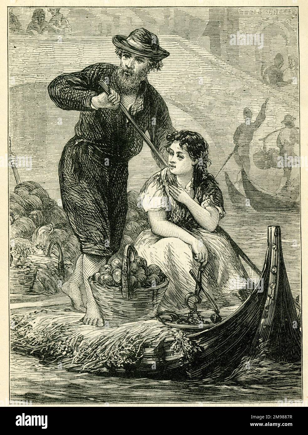 Professions 1883 - vendeur de fruits sur un bateau à Venise. Banque D'Images