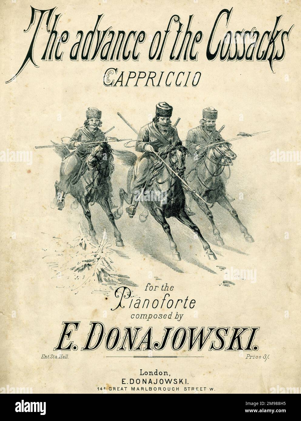 Couverture musicale, l'avance des Cosaques Cappriccio, écrit pour le pianoforte par E Donajowski (peut-être un nom fictif). Banque D'Images