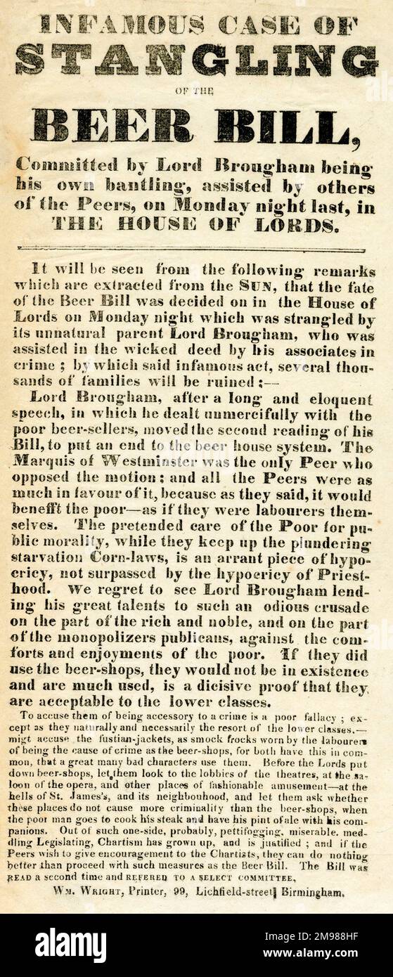 Article de journal, de la pêche à la ligne (avec une mauvaise impression!) Du projet de loi sur la bière de Lord Brougham et d'autres pairs de la Chambre des Lords. L'écrivain prétend que de nombreuses familles seront ruinées en conséquence, et qu'elle désavantage les pauvres et les gens de la classe ouvrière. Cette décision visait à limiter la vente de bière parmi les populations les plus pauvres en abrogeant partiellement la loi de 1830 sur la vente de bière (ou loi Beerhouse). Banque D'Images