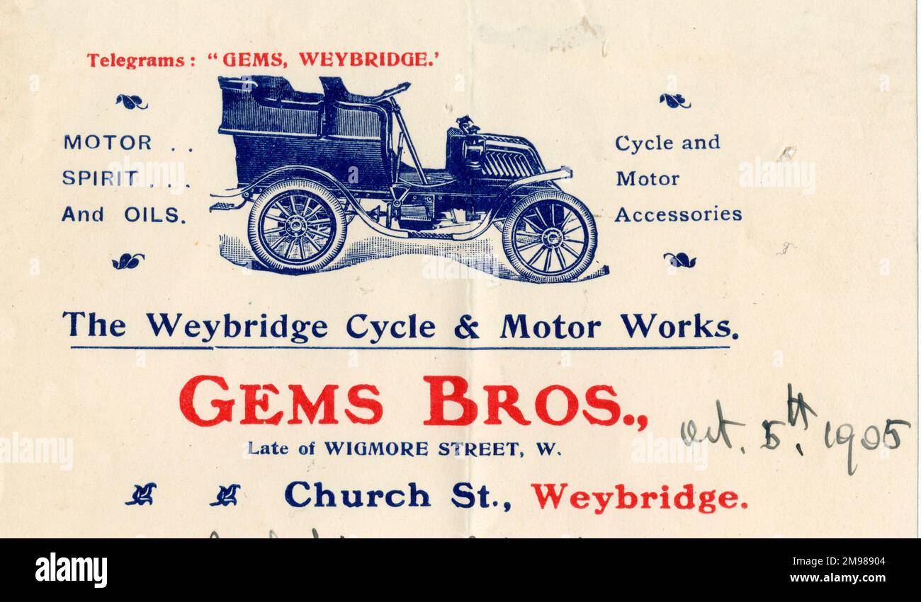 Publicité, Gems Bros, Weybridge cycle & Motor Works, Church Street, Weybridge, Surrey, montrant une voiture ancienne. Banque D'Images