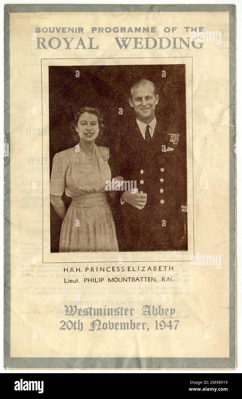 Royal Wedding souvenir Program, Princess Elizabeth et Lieutenant Philip Mountbatten, Abbaye de Westminster, 20 novembre 1947. Banque D'Images