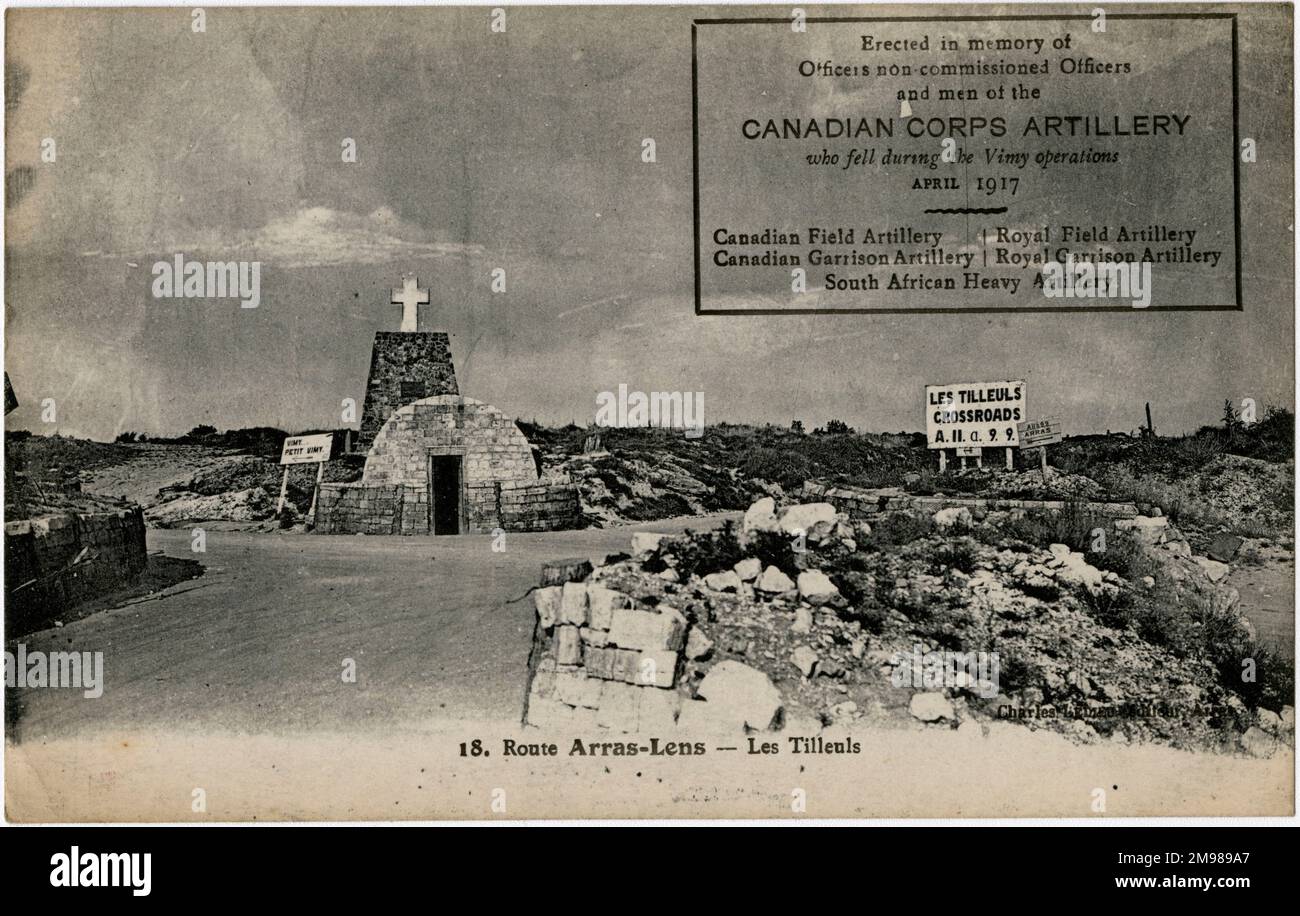 Carrefour des Tilleuls, route Arras-Lens, près de Vimy, France -- Mémorial canadien érigé en WW1, à la suite de la bataille de la crête de Vimy, le 9-12 avril 1917. Banque D'Images