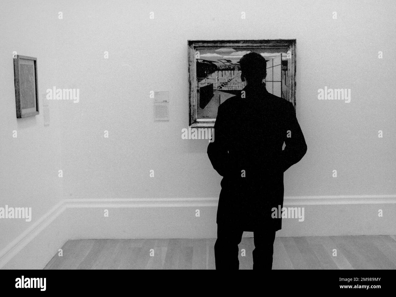 Homme regardant une peinture dans une galerie d'art. Banque D'Images