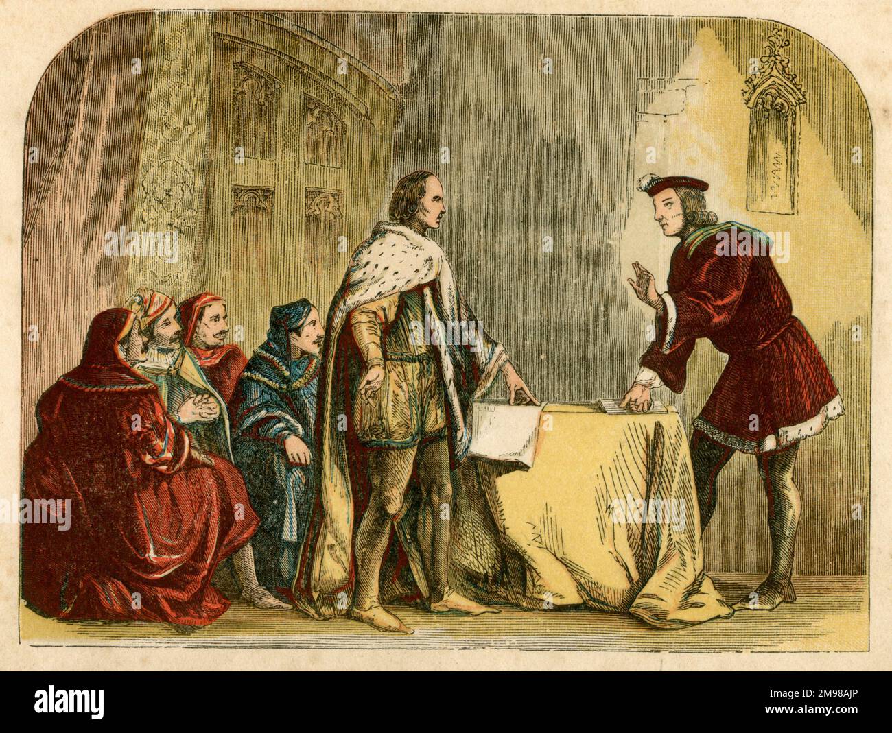 Le duc de Buckingham en emportant Richard, duc de Gloucester (bientôt le roi Richard III), pour accepter la couronne. Banque D'Images