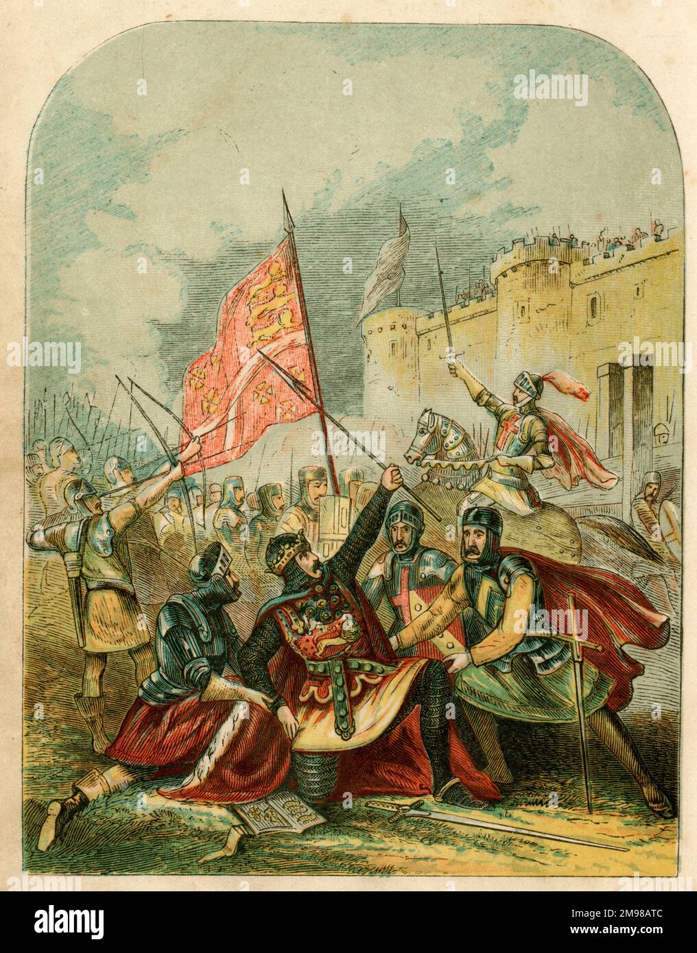 Le roi Edward I (1239-1307), brandissant le javelin, et jurant qu'il penchera l'homme qui l'a lancé -- peut-être un événement mythologique plutôt que vrai. Banque D'Images