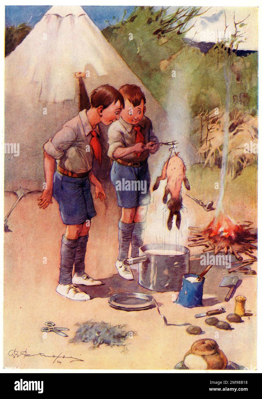 Caricature, le mess des officiers - scouts au camp, essayant de cuisiner un lapin. Banque D'Images